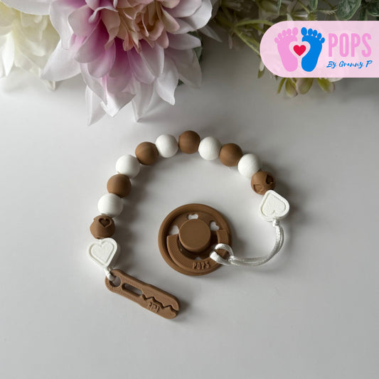 POPS Dummy Clip - Cappuccino & White Hearts & Hearts - Can be personalised