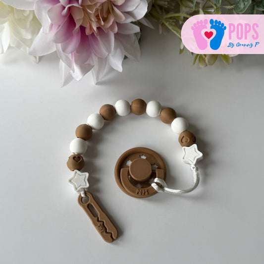 POPS Dummy Clip - Cappuccino & White Stars & Hearts - Can be personalised