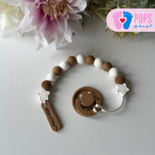 POPS Dummy Clip - Cappuccino & White Stars & Lanterns - Can be personalised