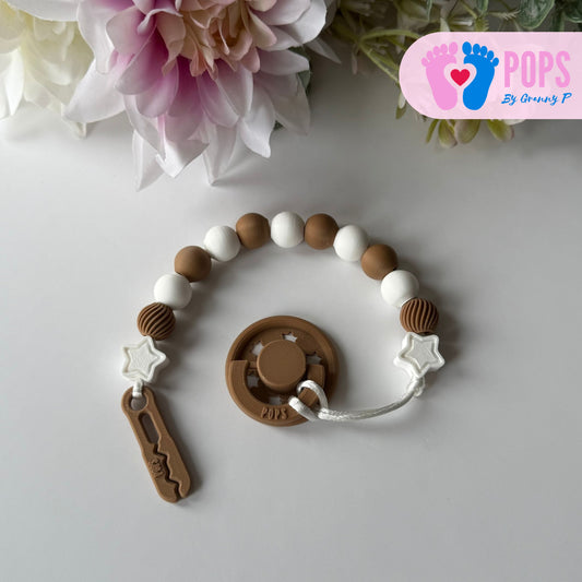 POPS Dummy Clip - Cappuccino & White Stars & Swirls - Can be personalised