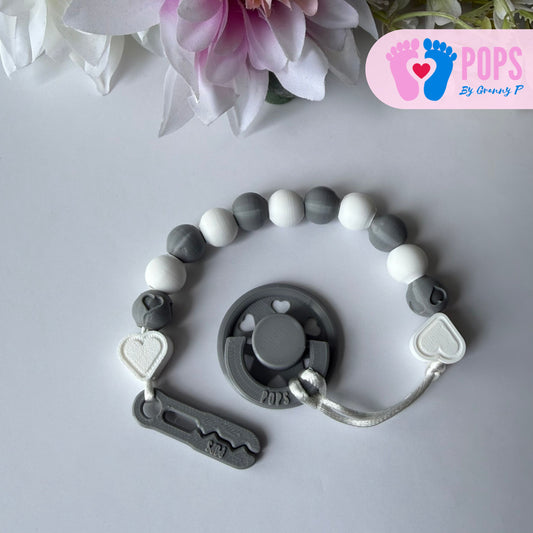 POPS Dummy Clip - White & Grey Hearts & Hearts - Can be personalised