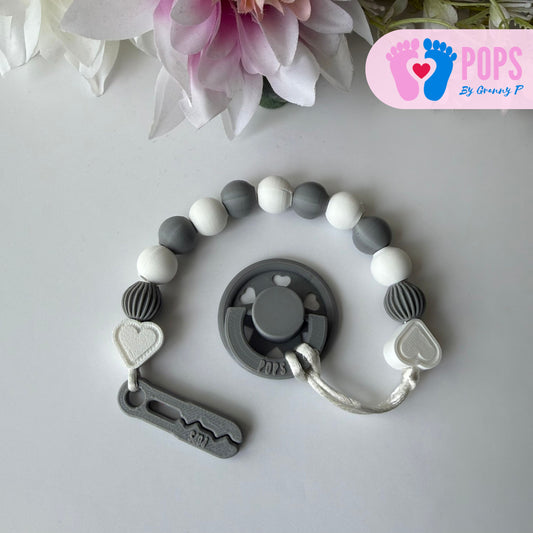 POPS Dummy Clip - White & Grey Hearts & Lanterns - Can be personalised