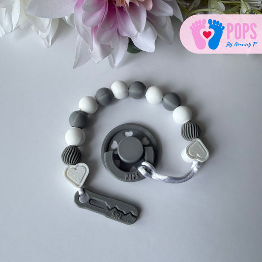 POPS Dummy Clip - White & Grey Hearts & Swirls - Can be personalised