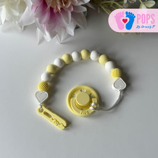POPS Dummy Clip - Lemon & White Hearts & Swirls - Can be personalised