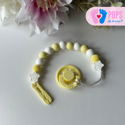 POPS Dummy Clip - Lemon & White Stars & Swirls - Can be personalised
