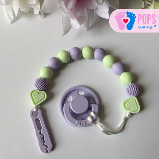 POPS Dummy Clip - Lilac & Mint Hearts & Swirls - Can be personalised