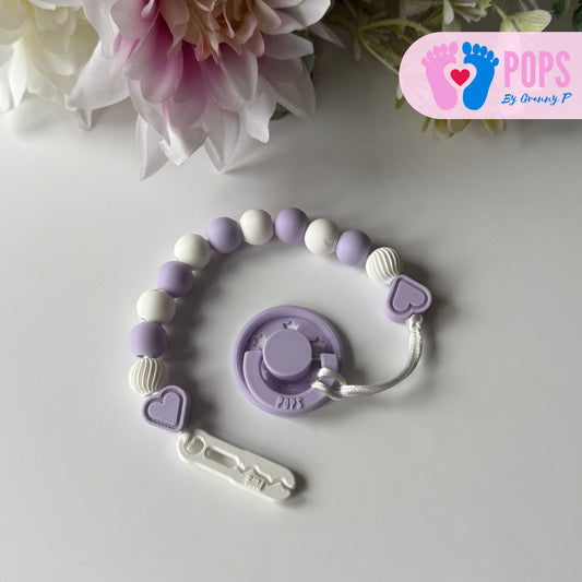 POPS Dummy Clip - Lilac & White Hearts & Swirls - Can be personalised