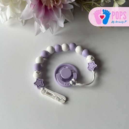 POPS Dummy Clip - Lilac & White Stars & Hearts - Can be personalised