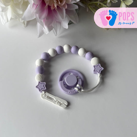 POPS Dummy Clip - Lilac & White Stars & Swirls - Can be personalised