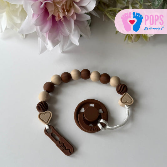 POPS Dummy Clip - Mocha & Latte Hearts & Swirls - Can be personalised