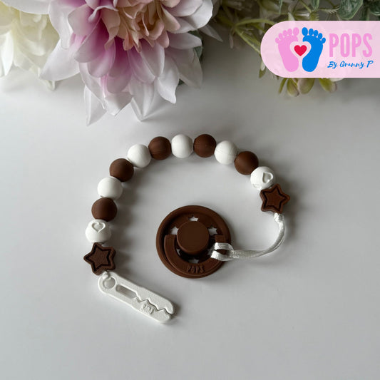 POPS Dummy Clip - Mocha & White Stars & Hearts - Can be personalised