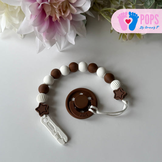POPS Dummy Clip - Mocha & White Stars & Lanterns - Can be personalised