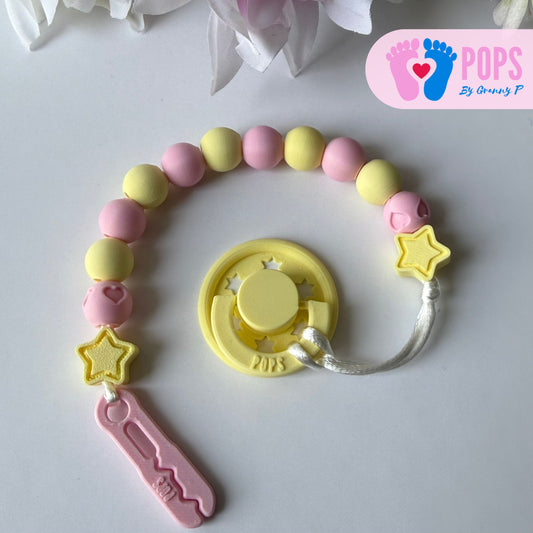 POPS Dummy Clip - Pink & Lemon Stars & Hearts - Can be personalised