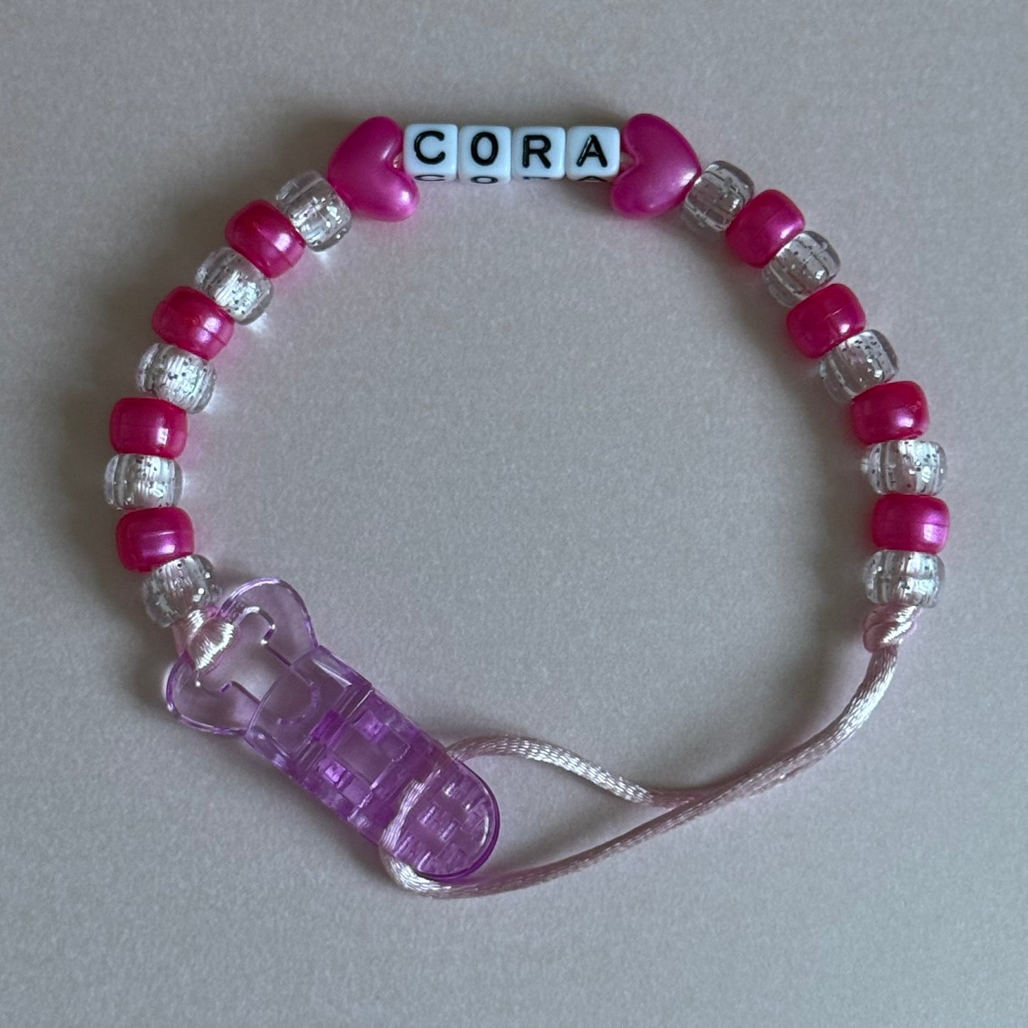 Pearl Dark Pink Stars/Hearts Pearl Dark Pink & Glitter Beads Personalised Reborn Dummy Clip