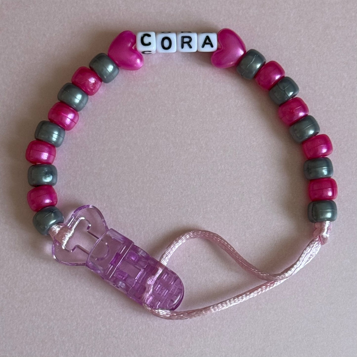 Pearl Dark Pink Stars/Hearts Pearl Dark Pink & Silver Beads Personalised Reborn Dummy Clip