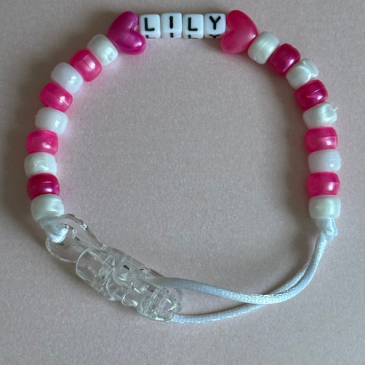 Personalised Reborn Dummy Clip: Dark Pink Stars/Hearts Pink & White Beads