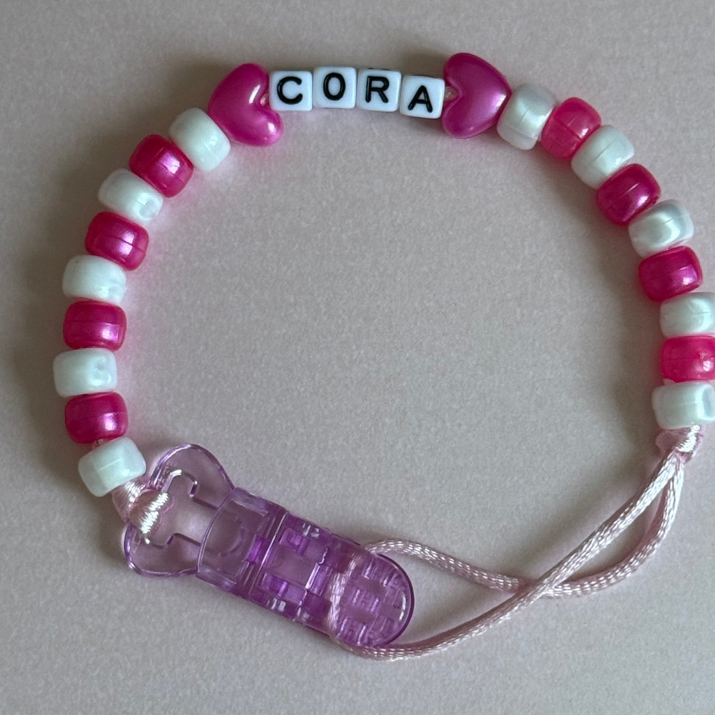 Pearl Dark Pink Stars/Hearts Pink & White Beads Personalised Reborn Dummy Clip