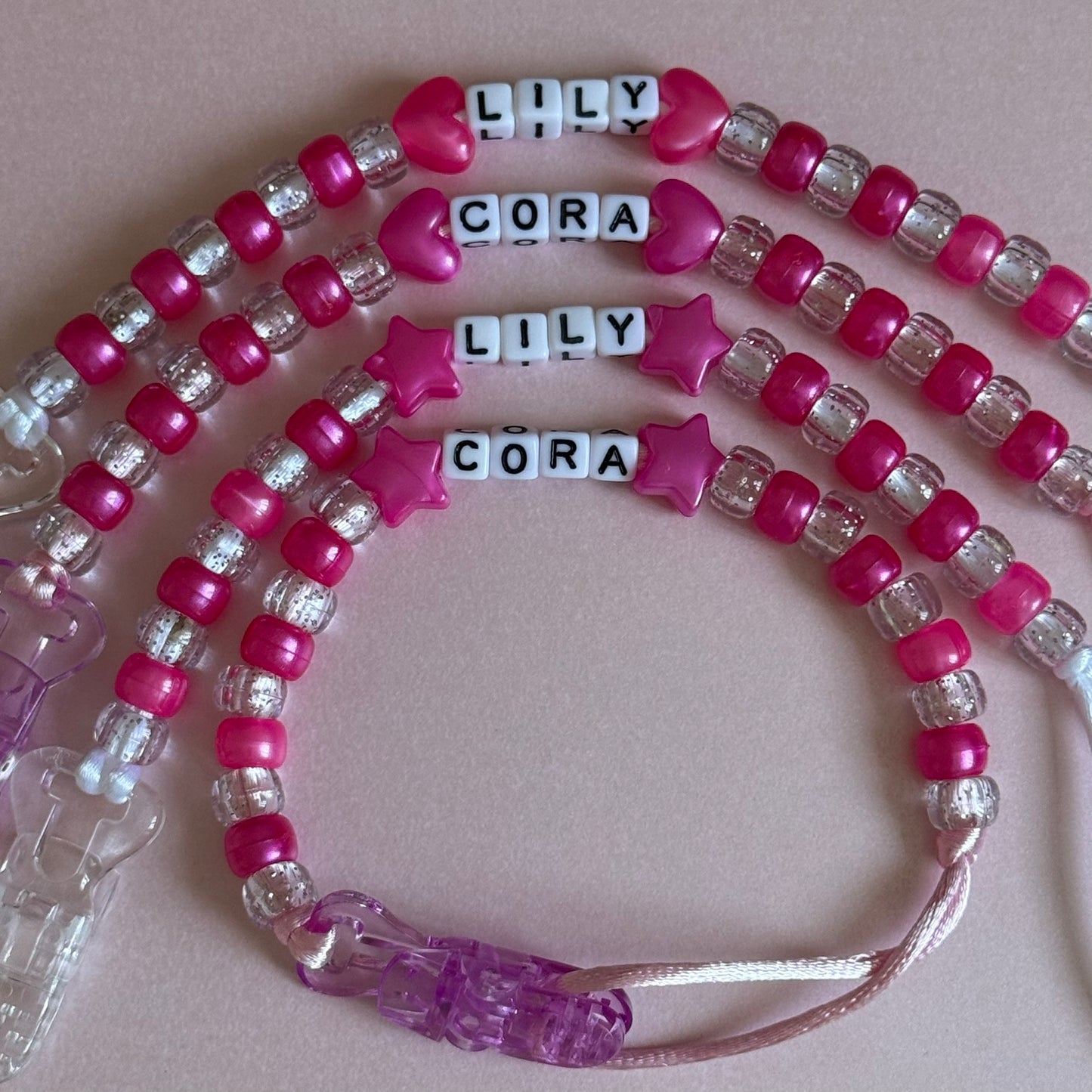 Pearl Dark Pink Stars/Hearts Pearl Dark Pink & Glitter Beads Personalised Reborn Dummy Clip