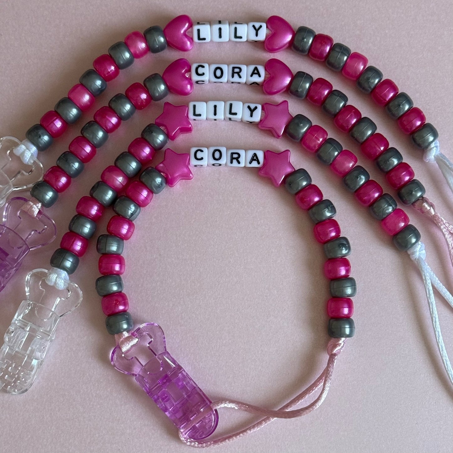 Pearl Dark Pink Stars/Hearts Pearl Dark Pink & Silver Beads Personalised Reborn Dummy Clip