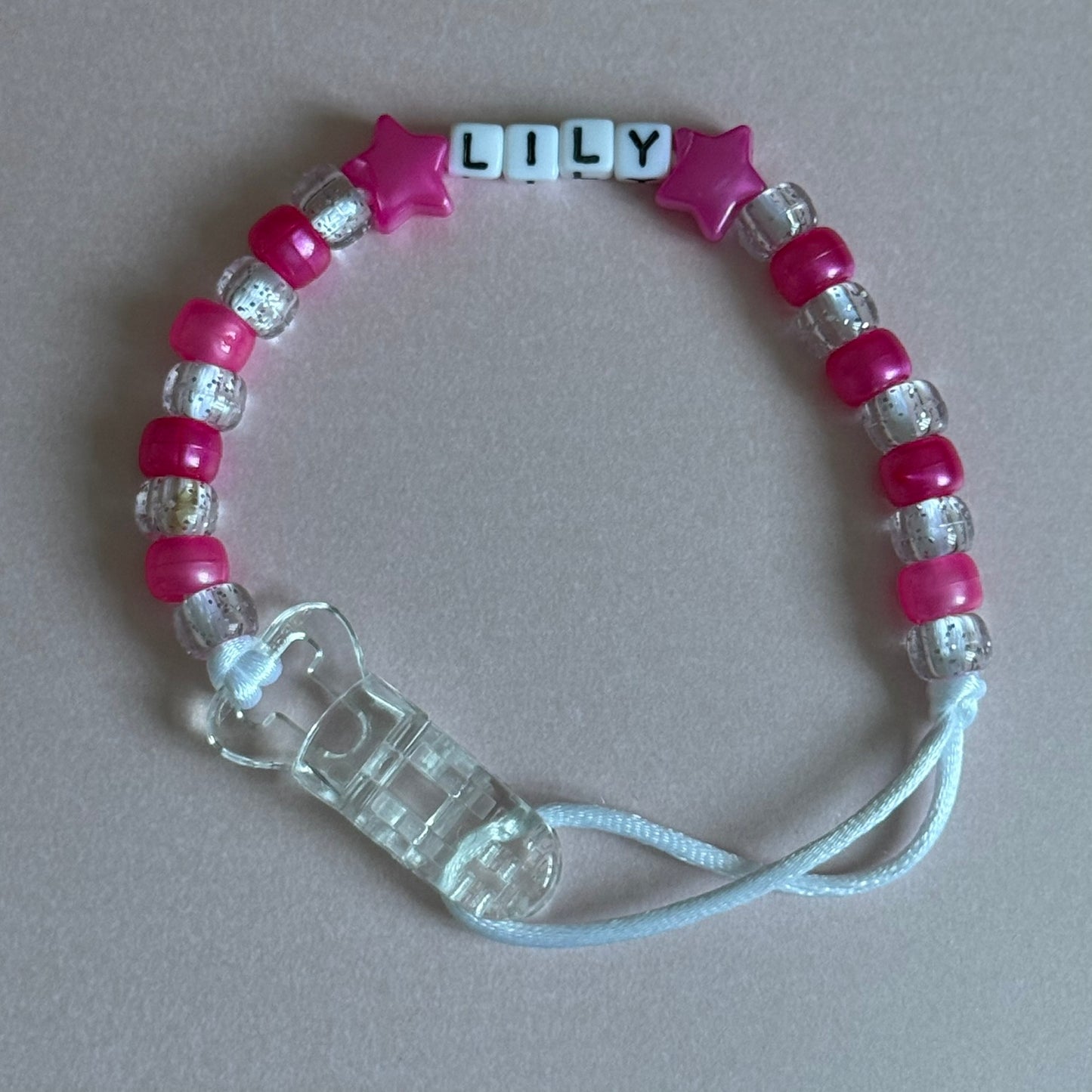 Pearl Dark Pink Stars/Hearts Pearl Dark Pink & Glitter Beads Personalised Reborn Dummy Clip