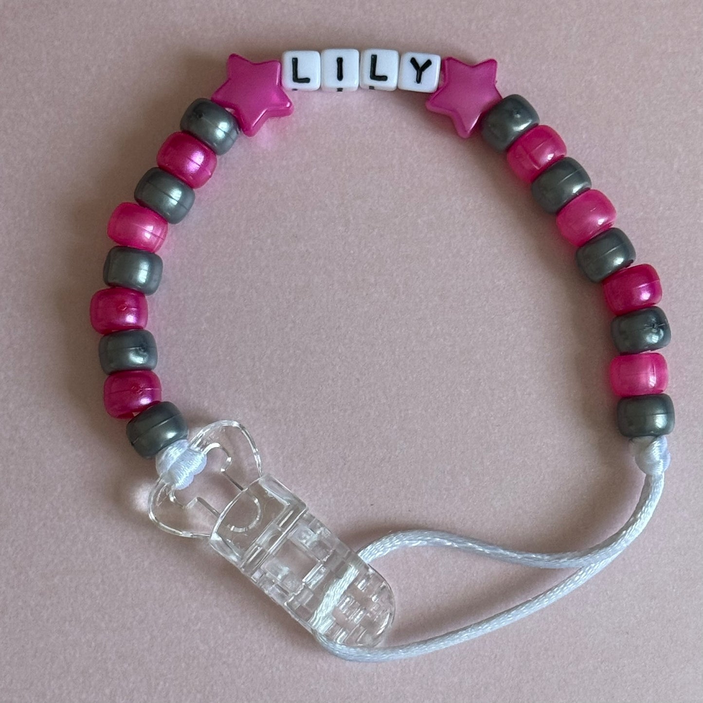 Pearl Dark Pink Stars/Hearts Pearl Dark Pink & Silver Beads Personalised Reborn Dummy Clip