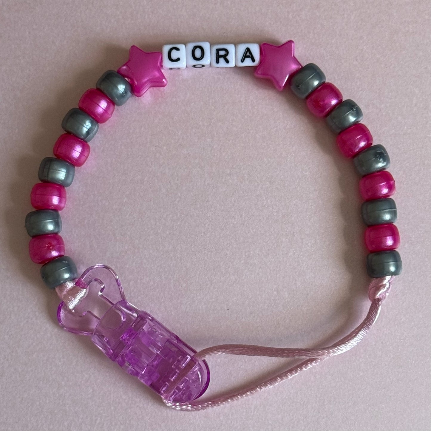 Pearl Dark Pink Stars/Hearts Pearl Dark Pink & Silver Beads Personalised Reborn Dummy Clip