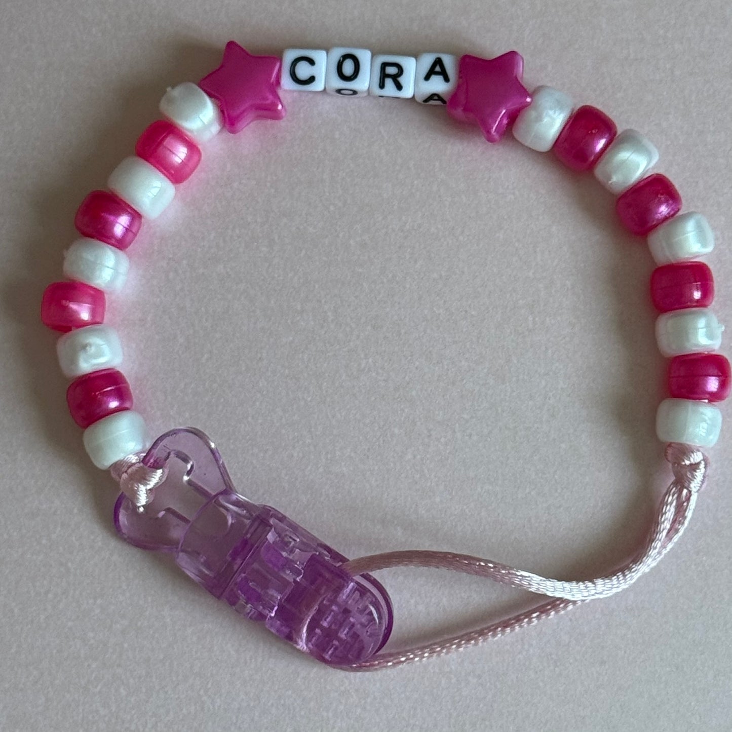 Pearl Dark Pink Stars/Hearts Pink & White Beads Personalised Reborn Dummy Clip