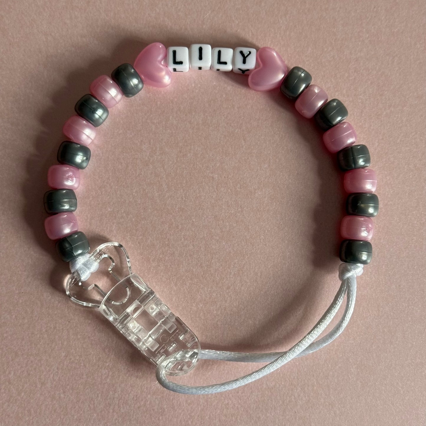 Pearl Pink Stars/Hearts Pearl Pink & Silver Beads Personalised Reborn Dummy Clip