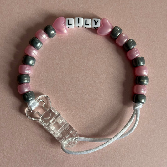 Personalised Reborn Dummy Clip: Pearl Pink Star/Heart Pearl Pink & Silver Beads