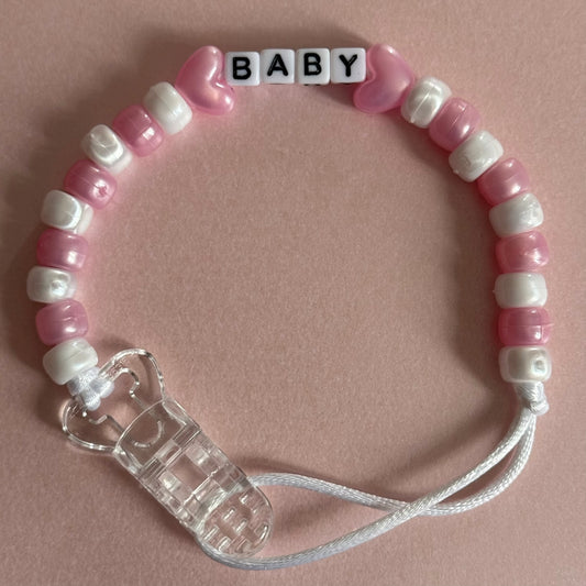 Personalised Reborn Dummy Clip: Pearl Pink Stars/Hearts Pink & White Beads