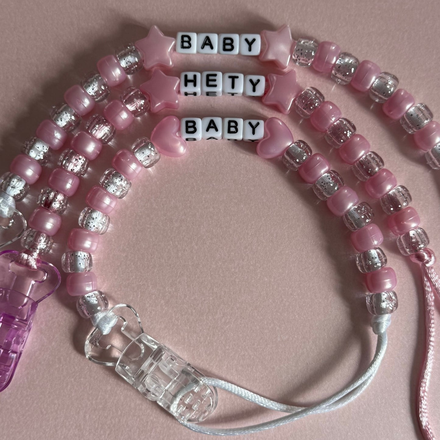 Pearl Pink Stars/Hearts Pearl Pink & Glitter Beads Personalised Reborn Dummy Clip