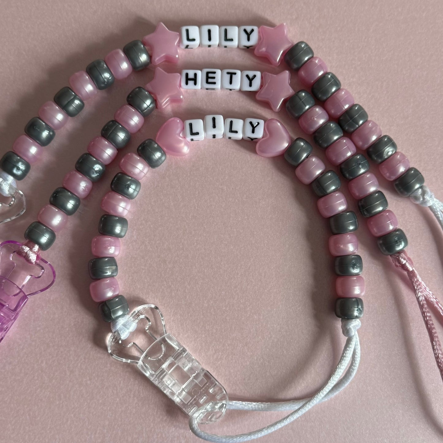 Pearl Pink Stars/Hearts Pearl Pink & Silver Beads Personalised Reborn Dummy Clip