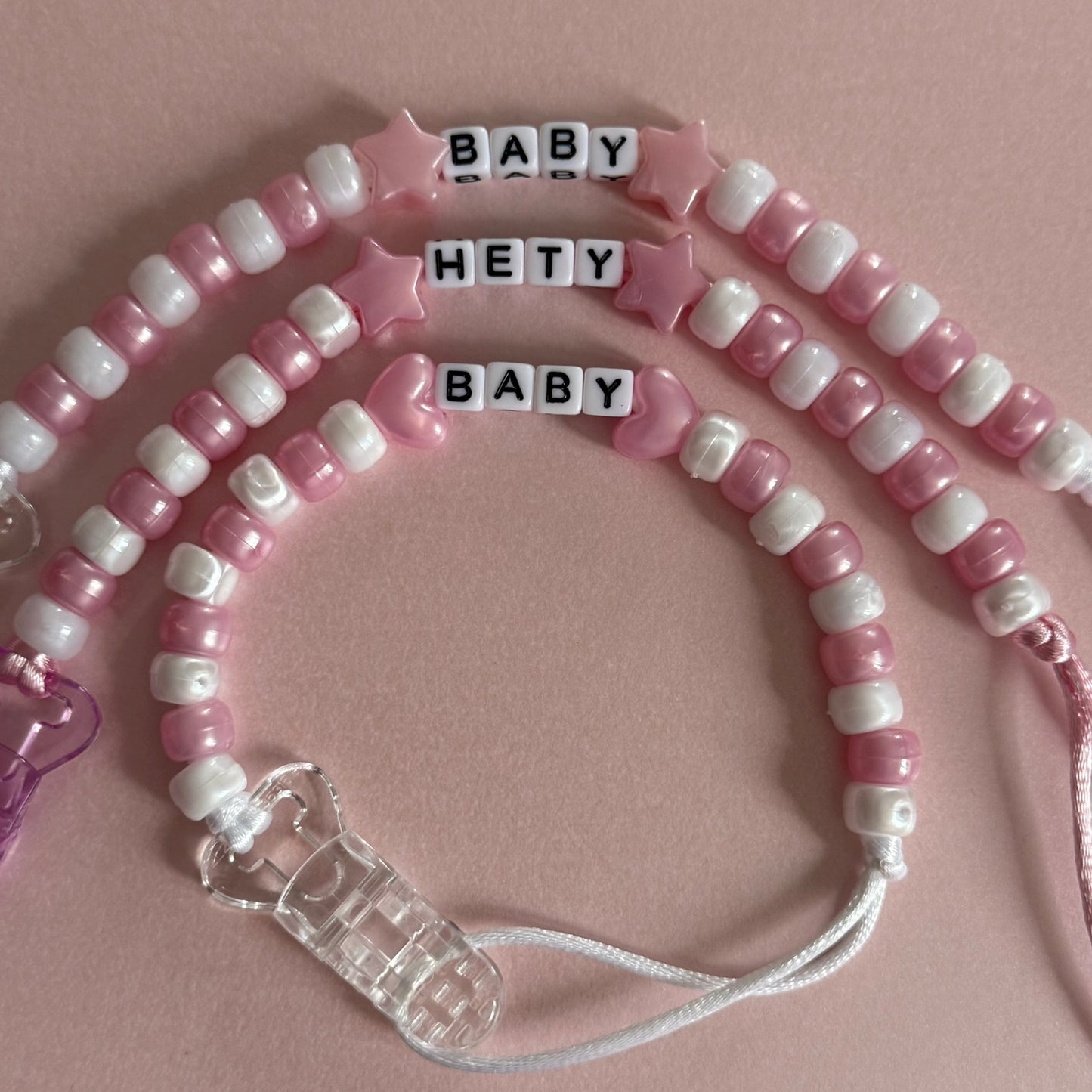 Pearl Pink Stars/Hearts Pink & White Beads Personalised Reborn Dummy Clip