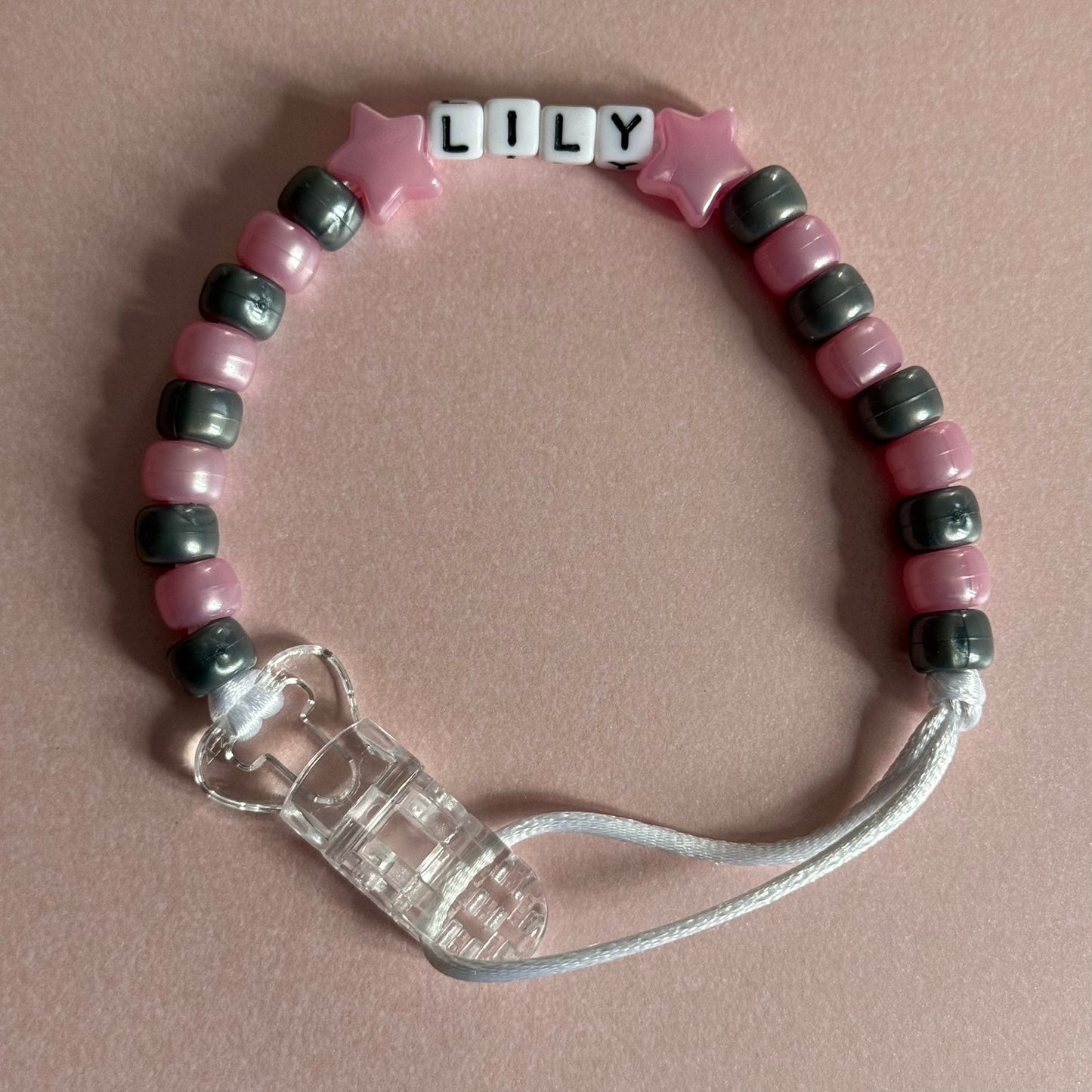 Pearl Pink Stars/Hearts Pearl Pink & Silver Beads Personalised Reborn Dummy Clip