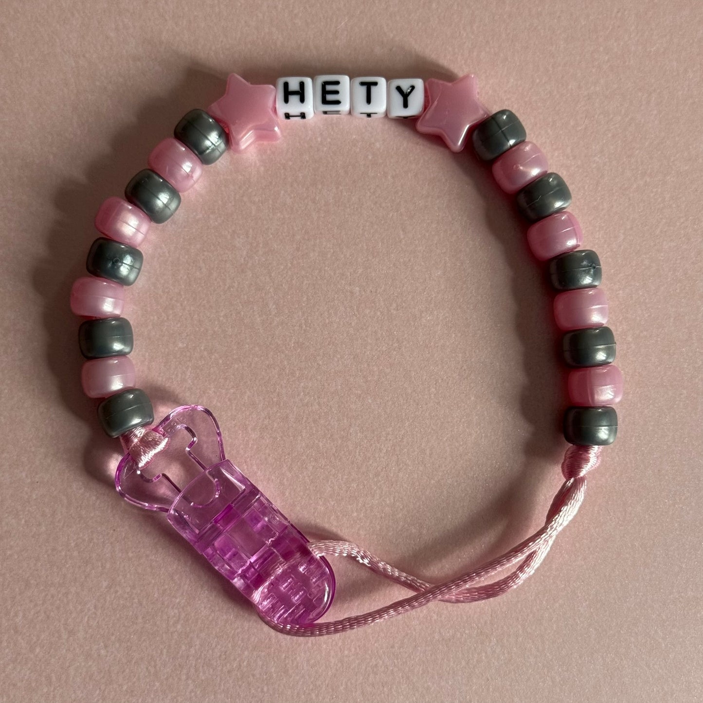 Pearl Pink Stars/Hearts Pearl Pink & Silver Beads Personalised Reborn Dummy Clip