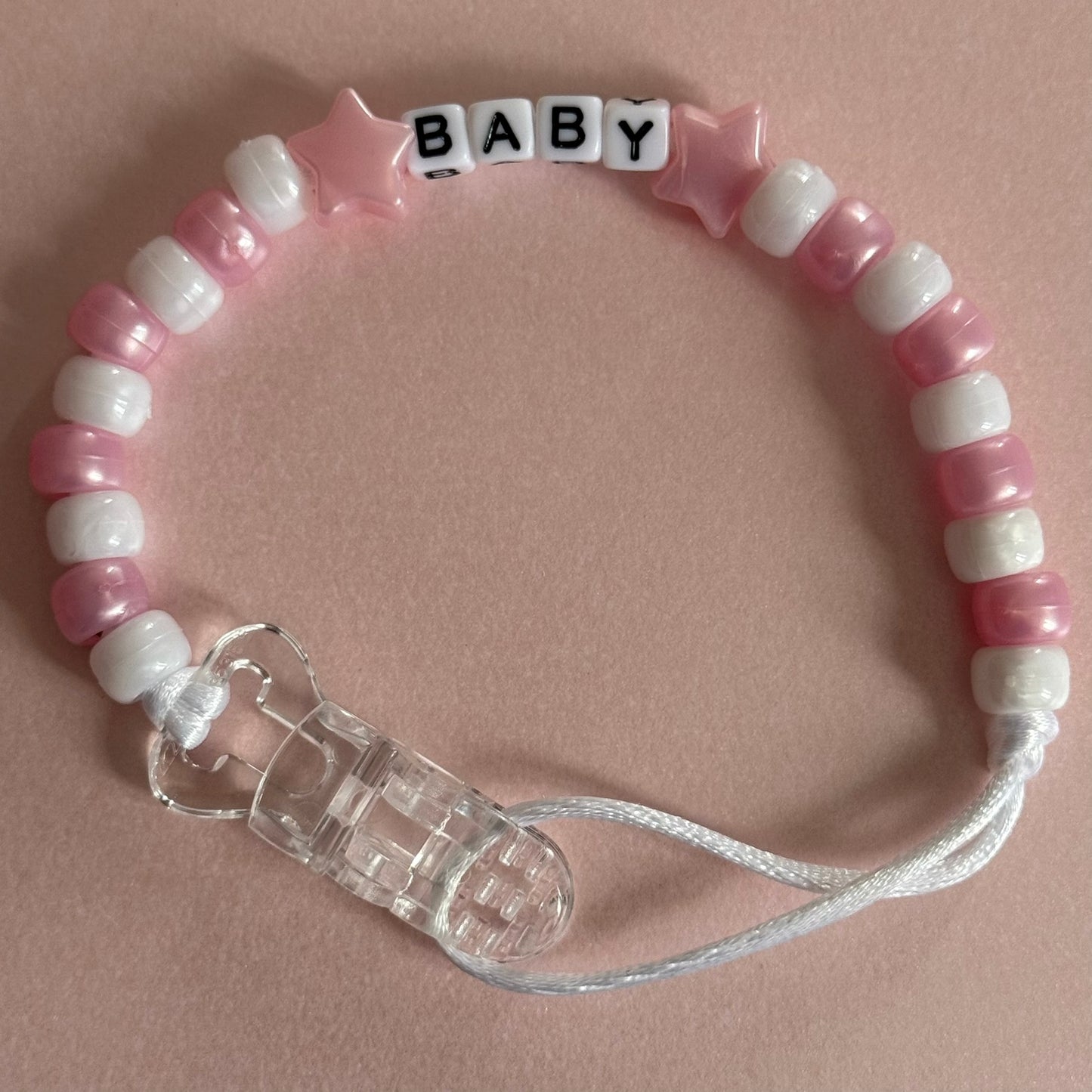 Pearl Pink Stars/Hearts Pink & White Beads Personalised Reborn Dummy Clip