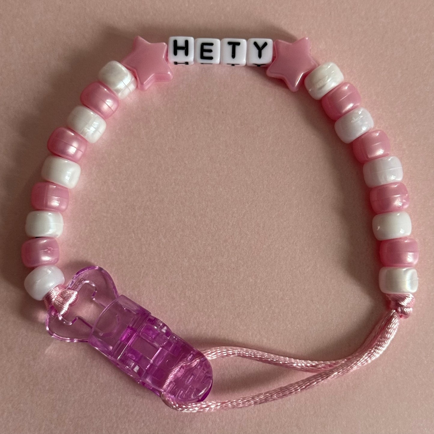 Pearl Pink Stars/Hearts Pink & White Beads Personalised Reborn Dummy Clip
