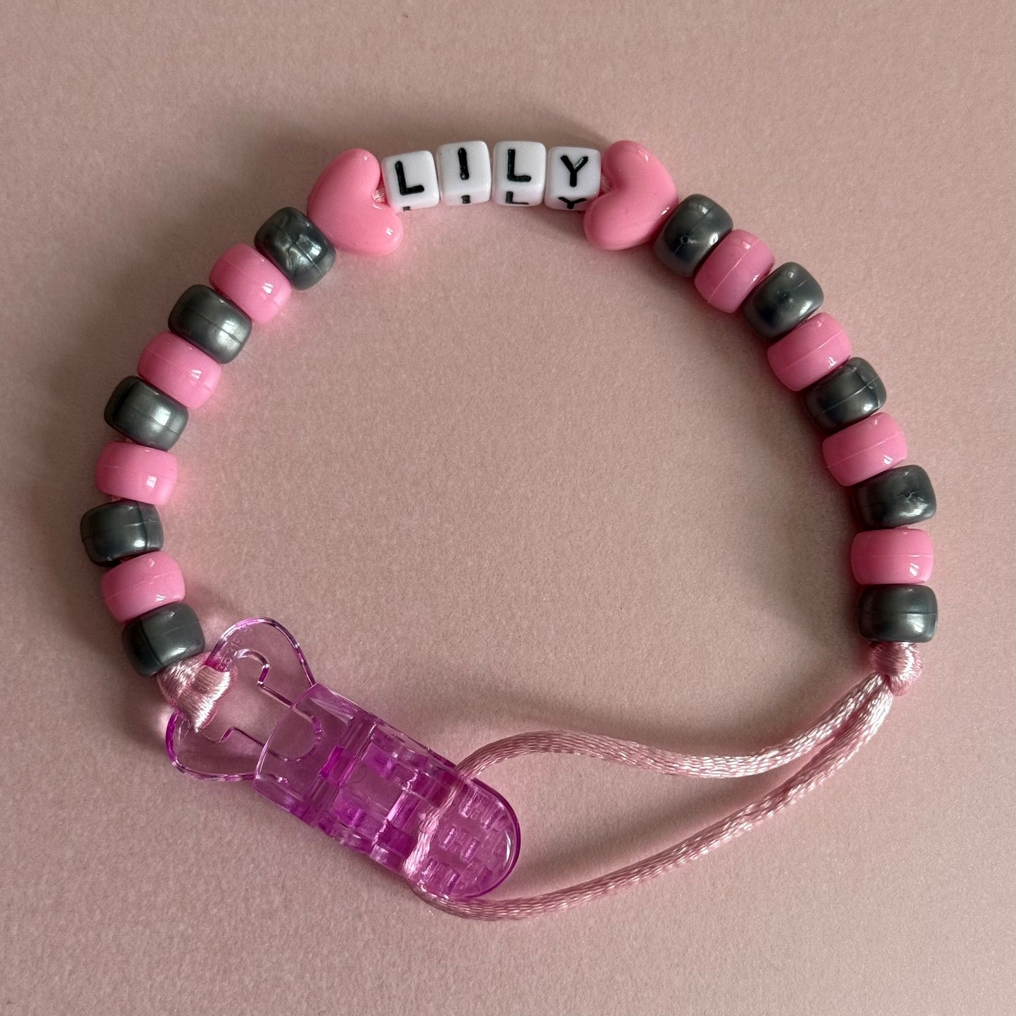 Pink Stars/Hearts Pink & Silver Beads Personalised Reborn Dummy Clip