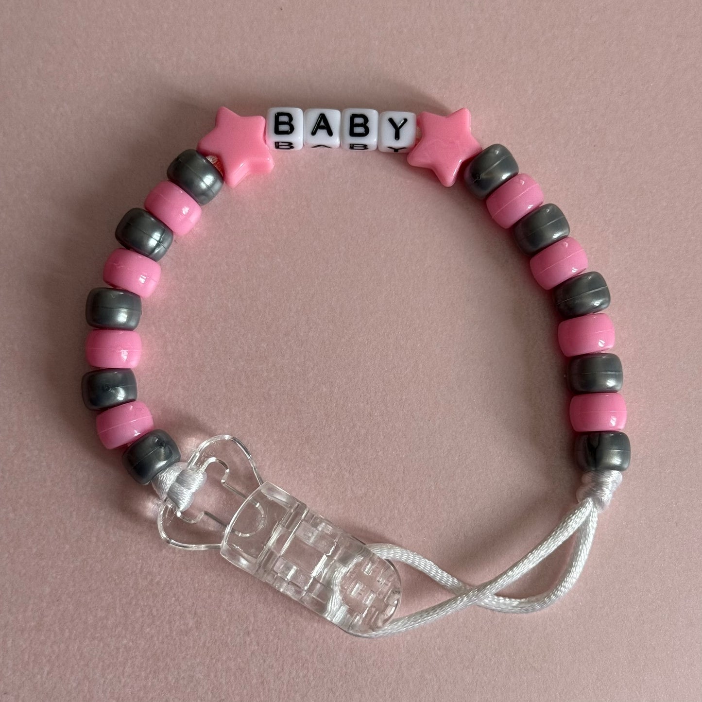 Pink Stars/Hearts Pink & Silver Beads Personalised Reborn Dummy Clip