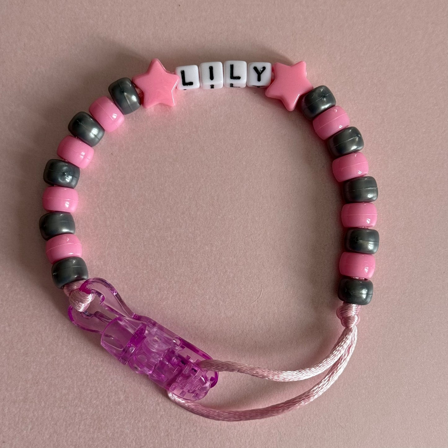 Pink Stars/Hearts Pink & Silver Beads Personalised Reborn Dummy Clip