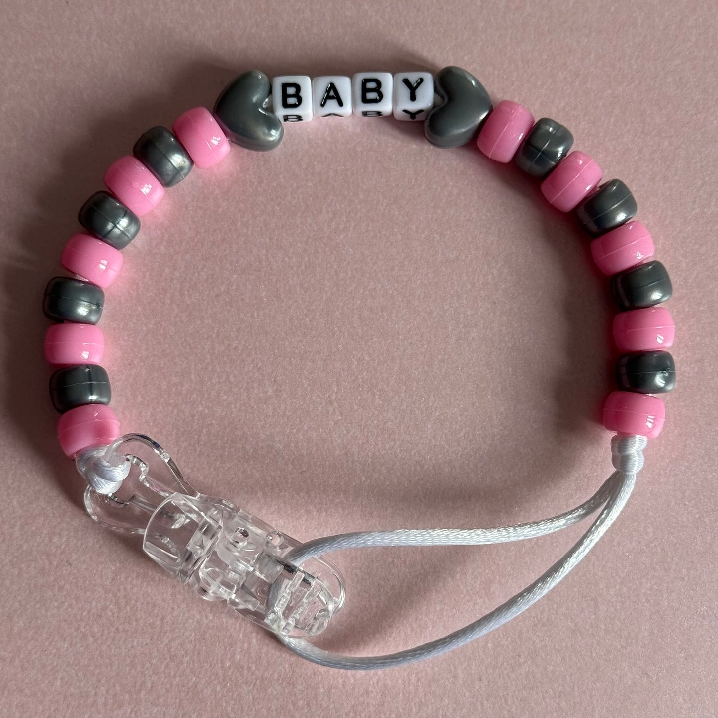 Silver Stars/Hearts Pink & Silver Beads Personalised Reborn Dummy Clip