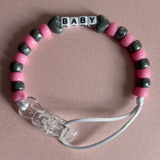 Personalised Reborn Dummy Clip: Silver Stars/Hearts Pink & Silver Beads
