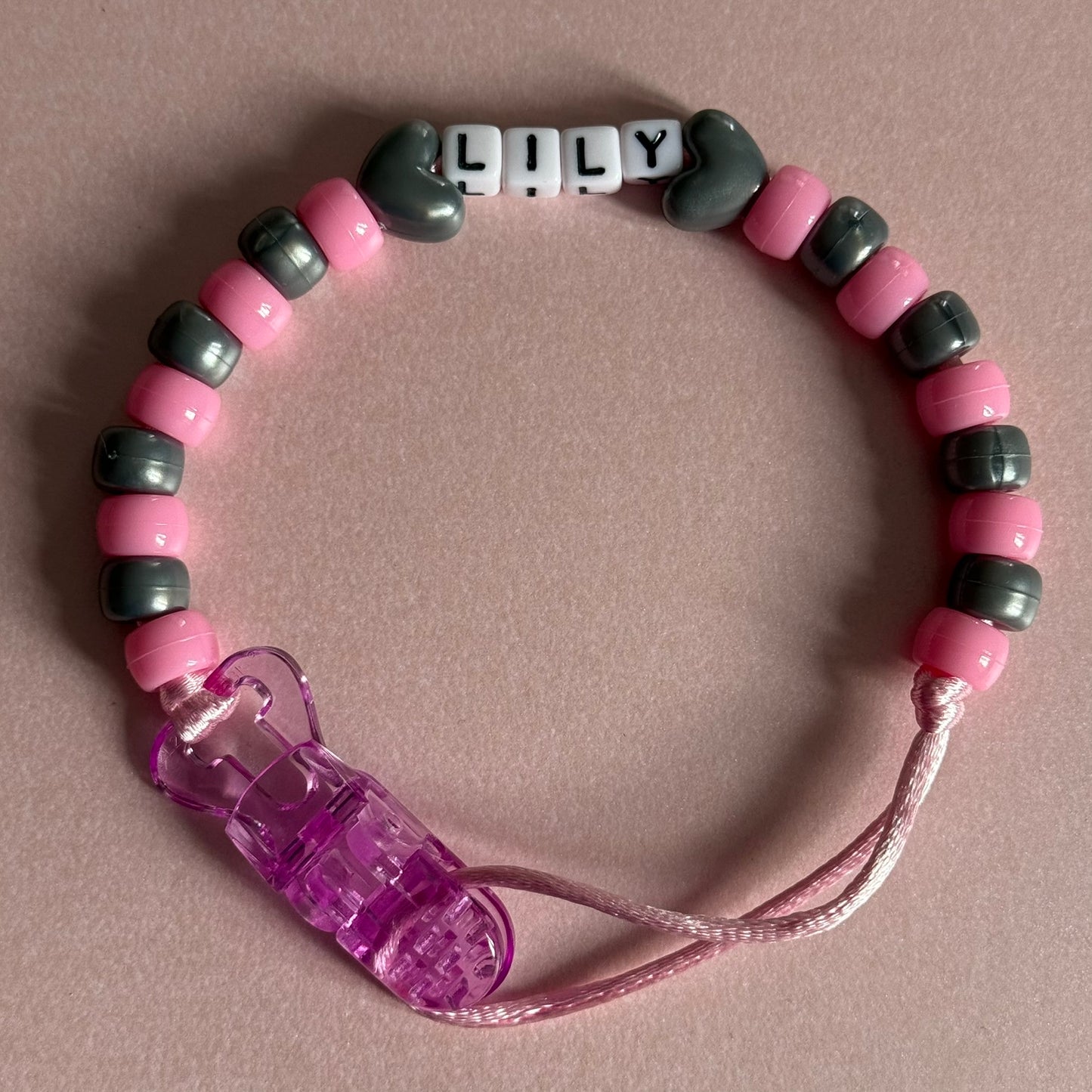 Silver Stars/Hearts Pink & Silver Beads Personalised Reborn Dummy Clip