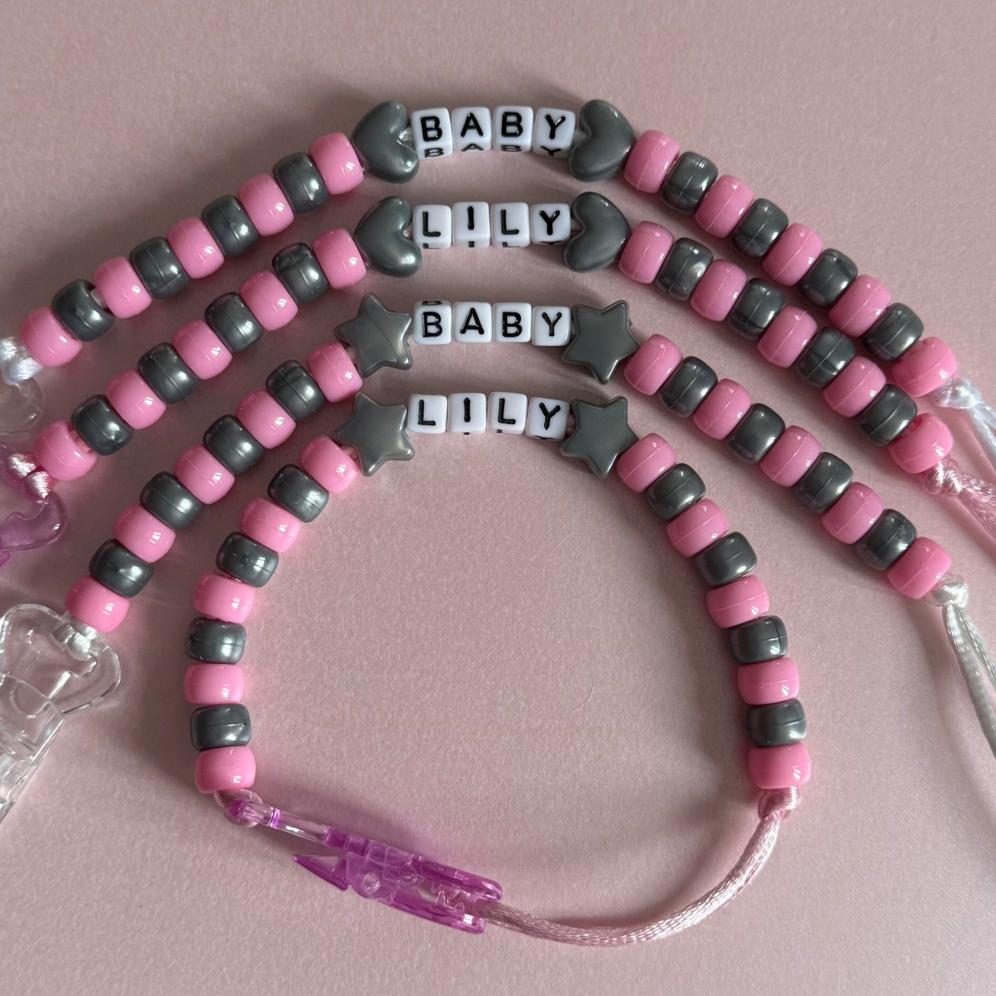 Silver Stars/Hearts Pink & Silver Beads Personalised Reborn Dummy Clip