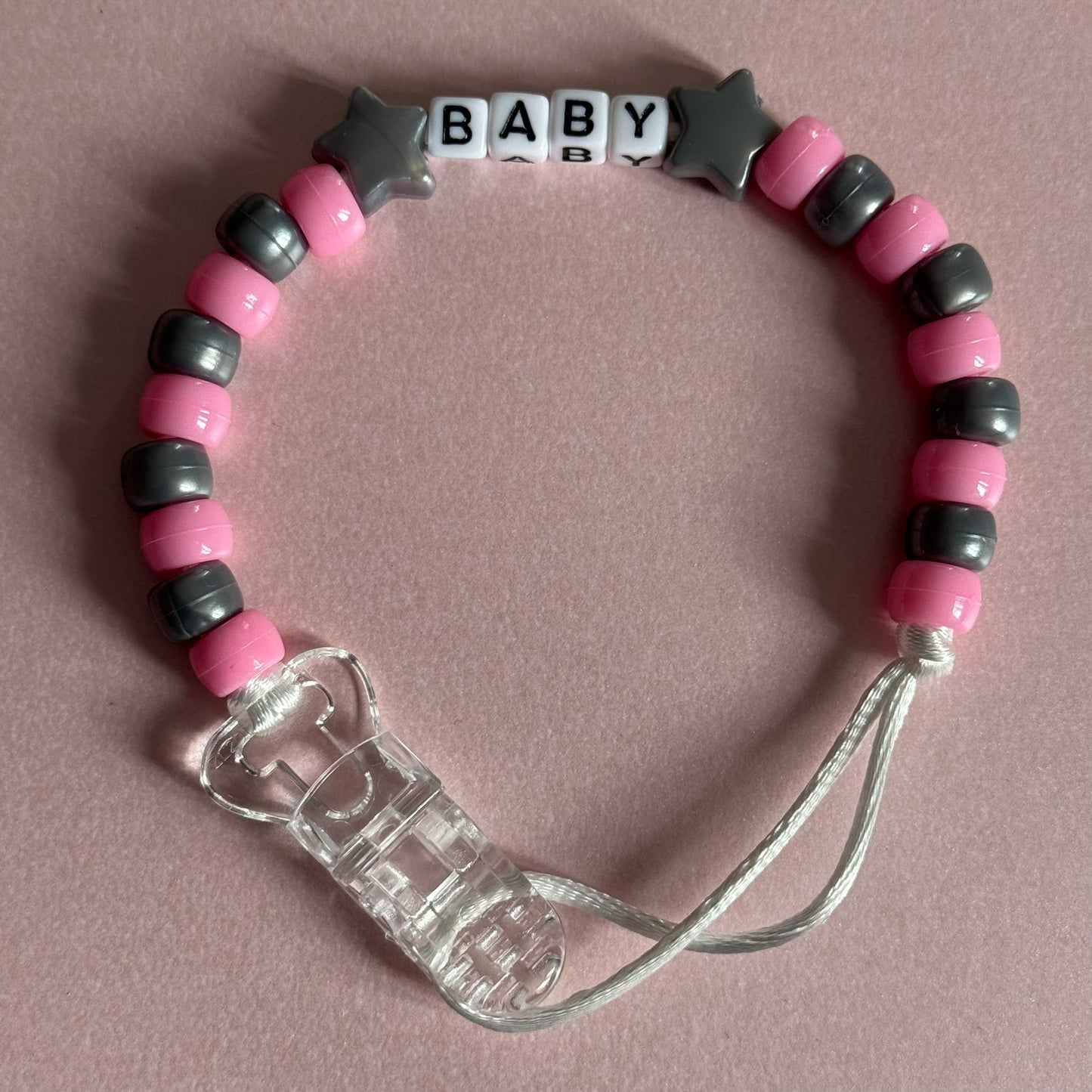 Silver Stars/Hearts Pink & Silver Beads Personalised Reborn Dummy Clip