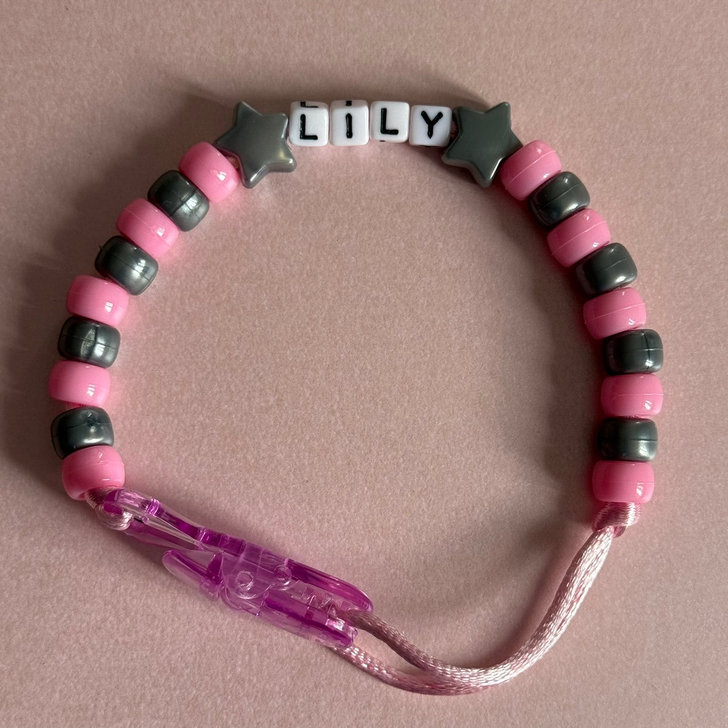 Silver Stars/Hearts Pink & Silver Beads Personalised Reborn Dummy Clip