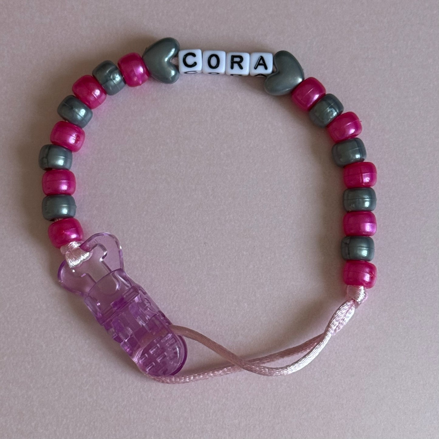 Silver Stars/Hearts Pearl Dark Pink & Silver Beads Personalised Reborn Dummy Clip