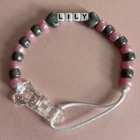 Personalised Reborn Dummy Clip: Silver Stars/Hearts Pearl Pink & Silver Beads