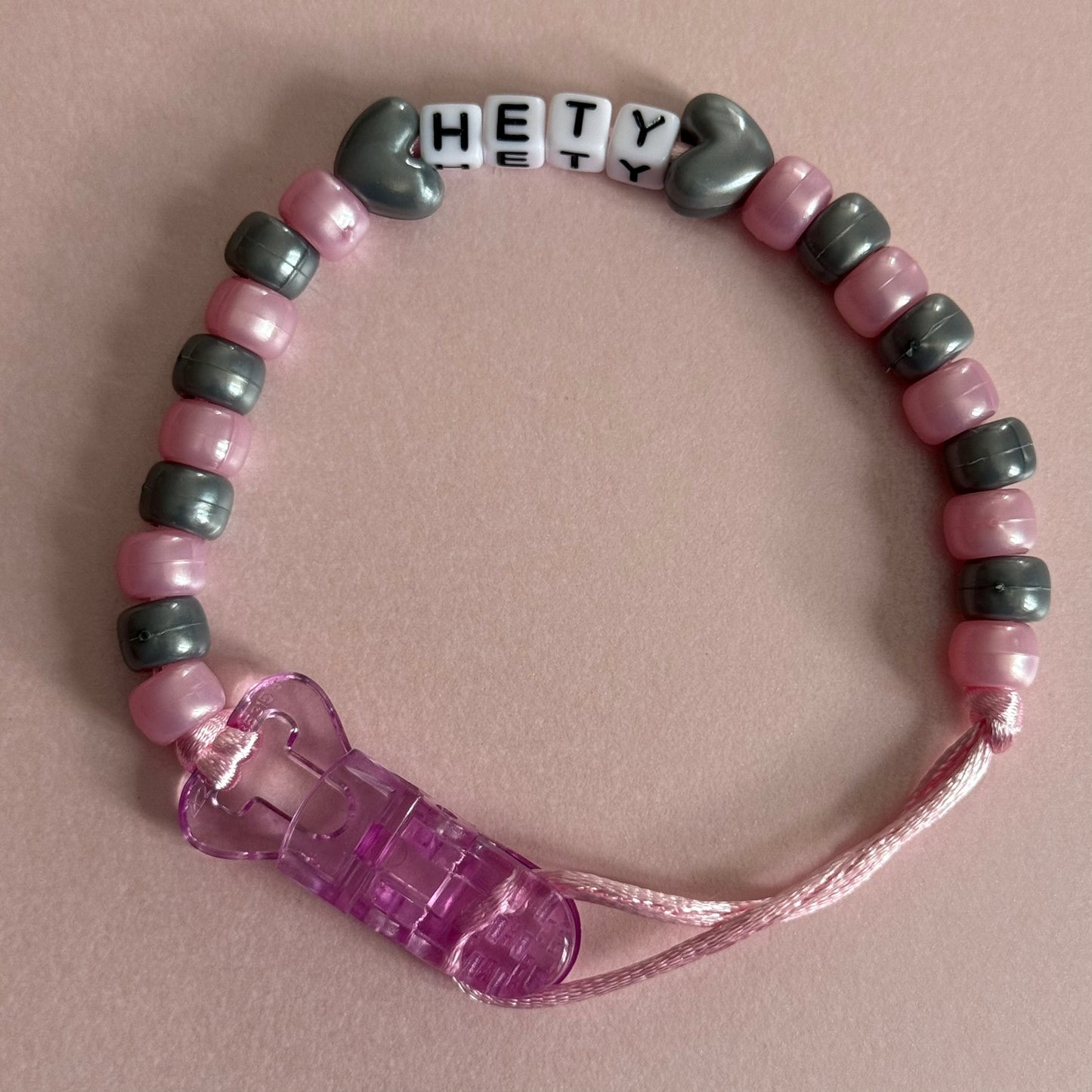Silver Stars/Hearts Pearl Pink & Silver Beads Personalised Reborn Dummy Clip