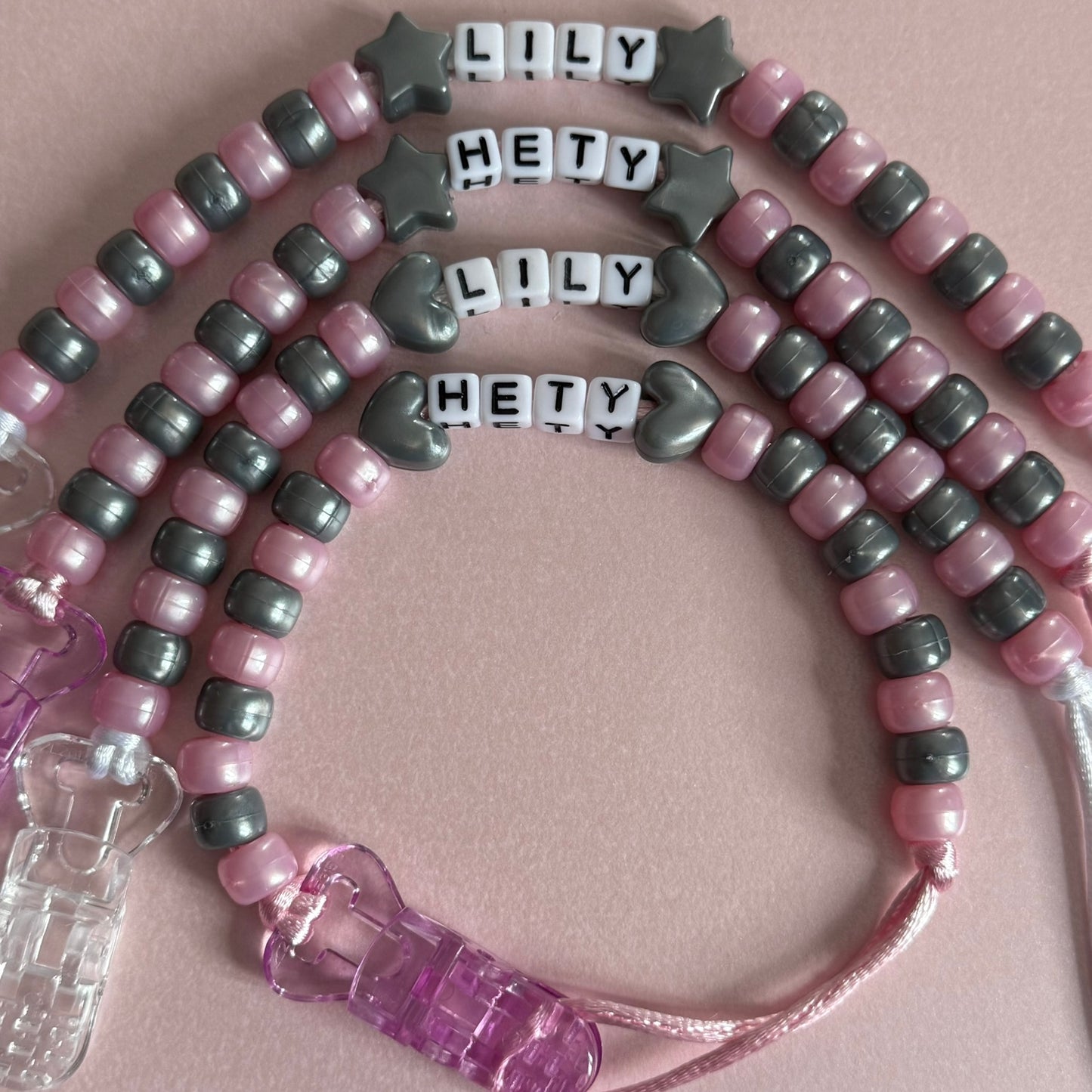 Silver Stars/Hearts Pearl Pink & Silver Beads Personalised Reborn Dummy Clip